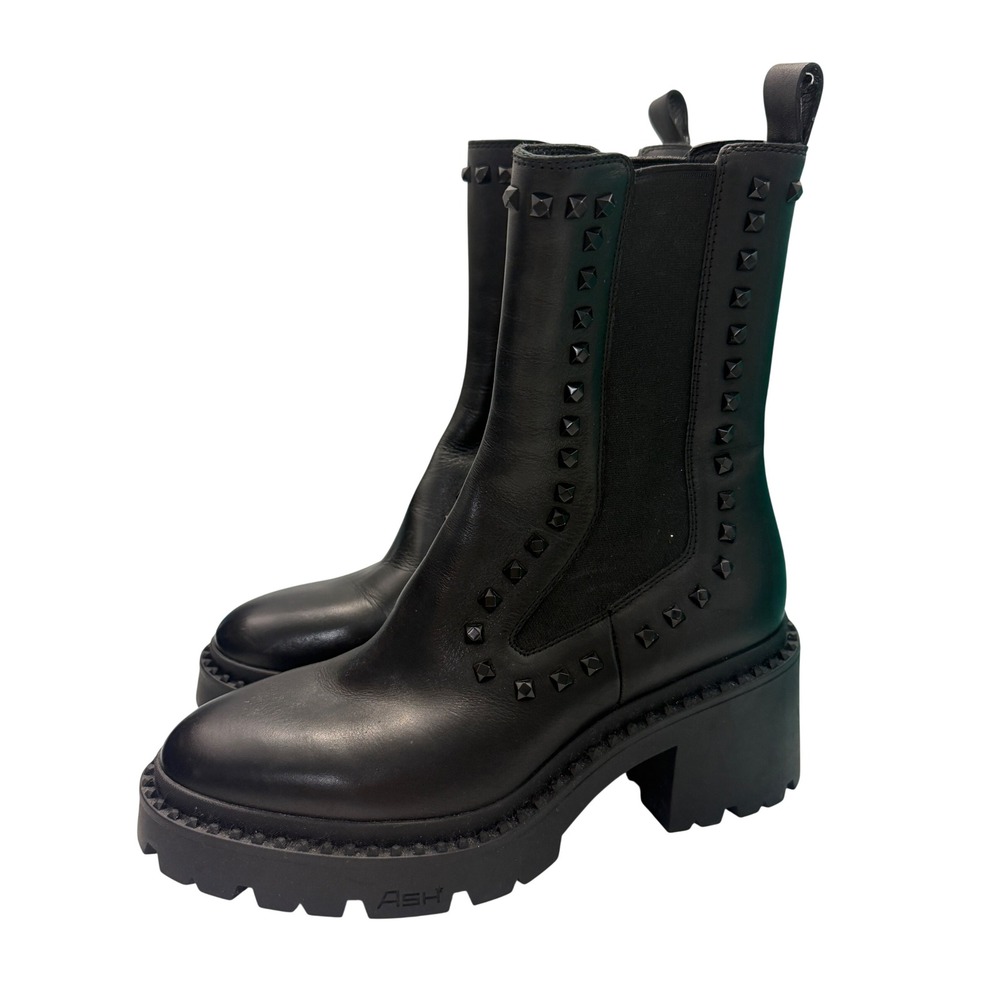 Ash Nile Bis S Black Leather Studded Lug Sole Chelsea Boots Womens 38 Grunge